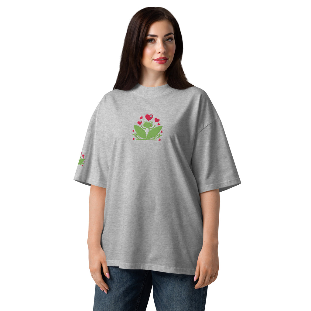 Funny Frog Dancing on Leaves Around a Heart Organic Oversized T-Shirt