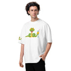 Person wearing a white t-shirt with a green snake graphic design on a white background