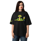 Person wearing a black t-shirt with a snake graphic design on a white background