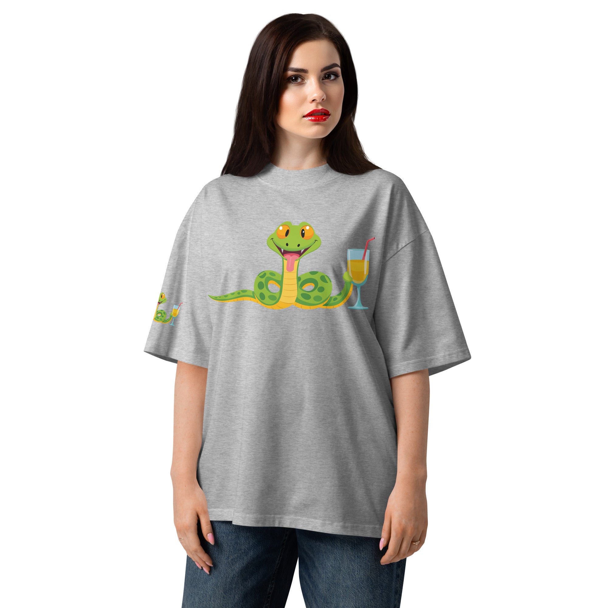 Woman wearing a gray t-shirt with a snake graphic design on a white background