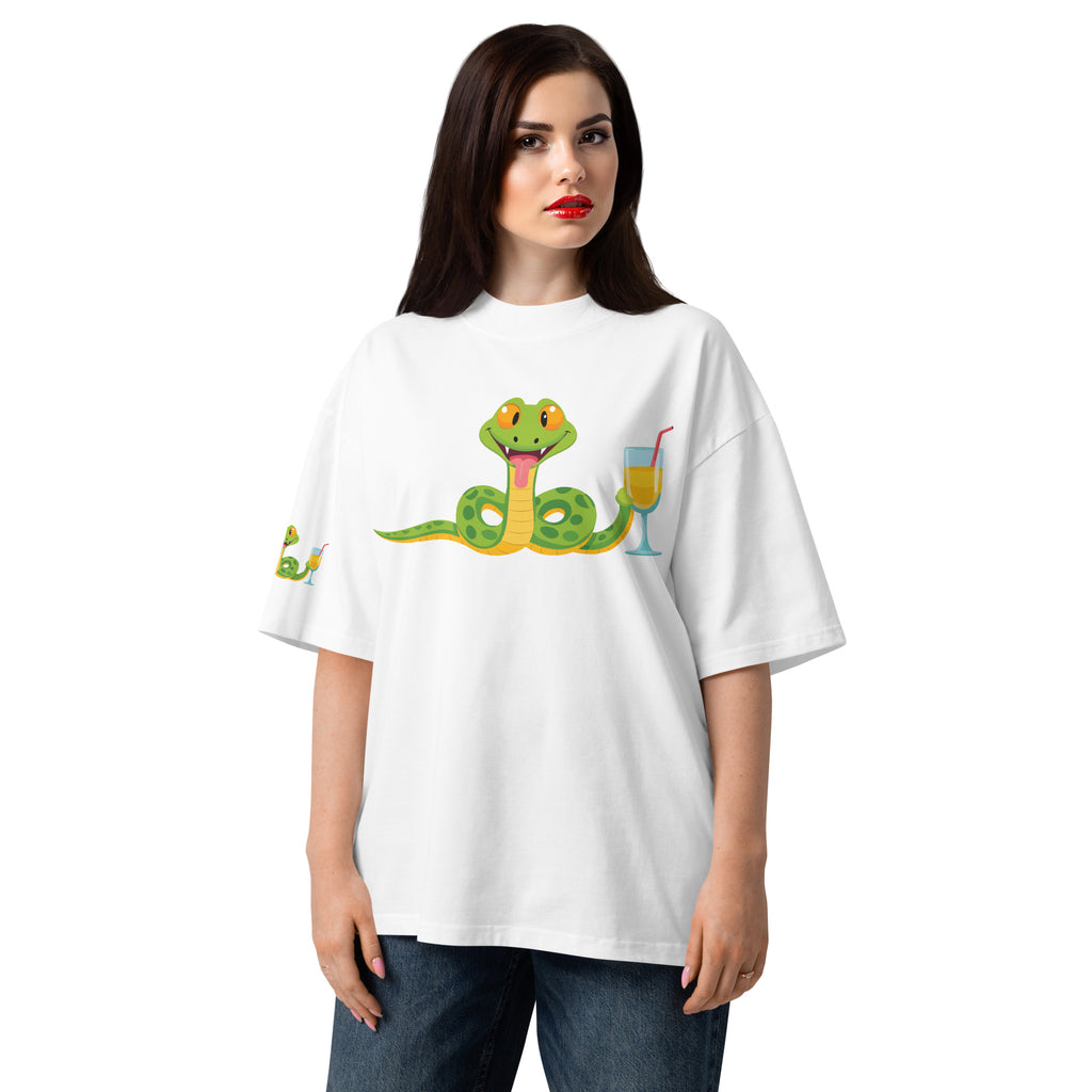 Woman wearing a white t-shirt with a colorful snake graphic design on a white background