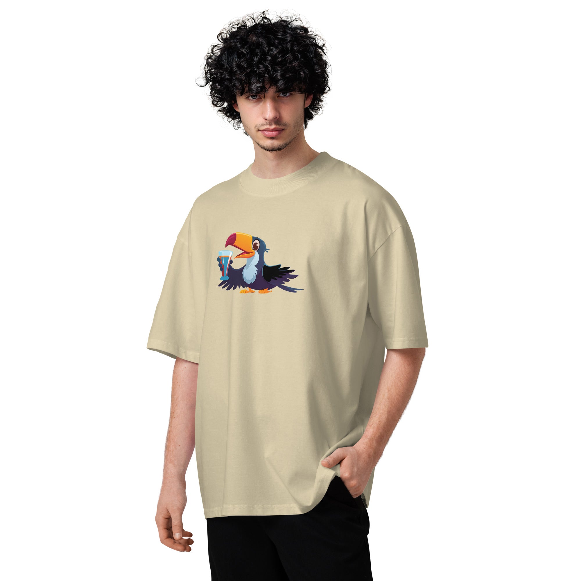 Person wearing a beige t-shirt with a colorful bird graphic on a white background