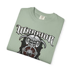 Folded light green t-shirt with 'Warrior' graphic design on a white background