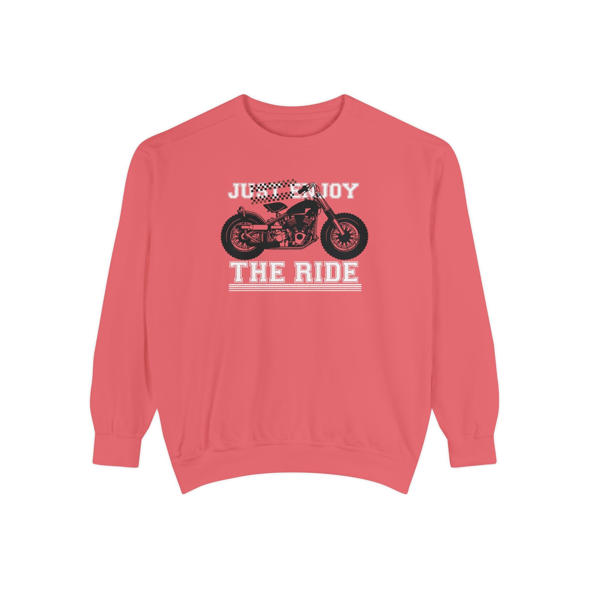 Red sweatshirt with motorcycle graphic and text 'Just Enjoy The Ride' on a white background