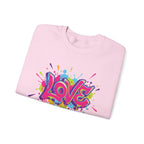 Pink sweatshirt with colorful 'LOVE' graphic on a white background