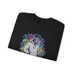 Black t-shirt with colorful graphic design of a skeleton wearing a hoodie on a white background