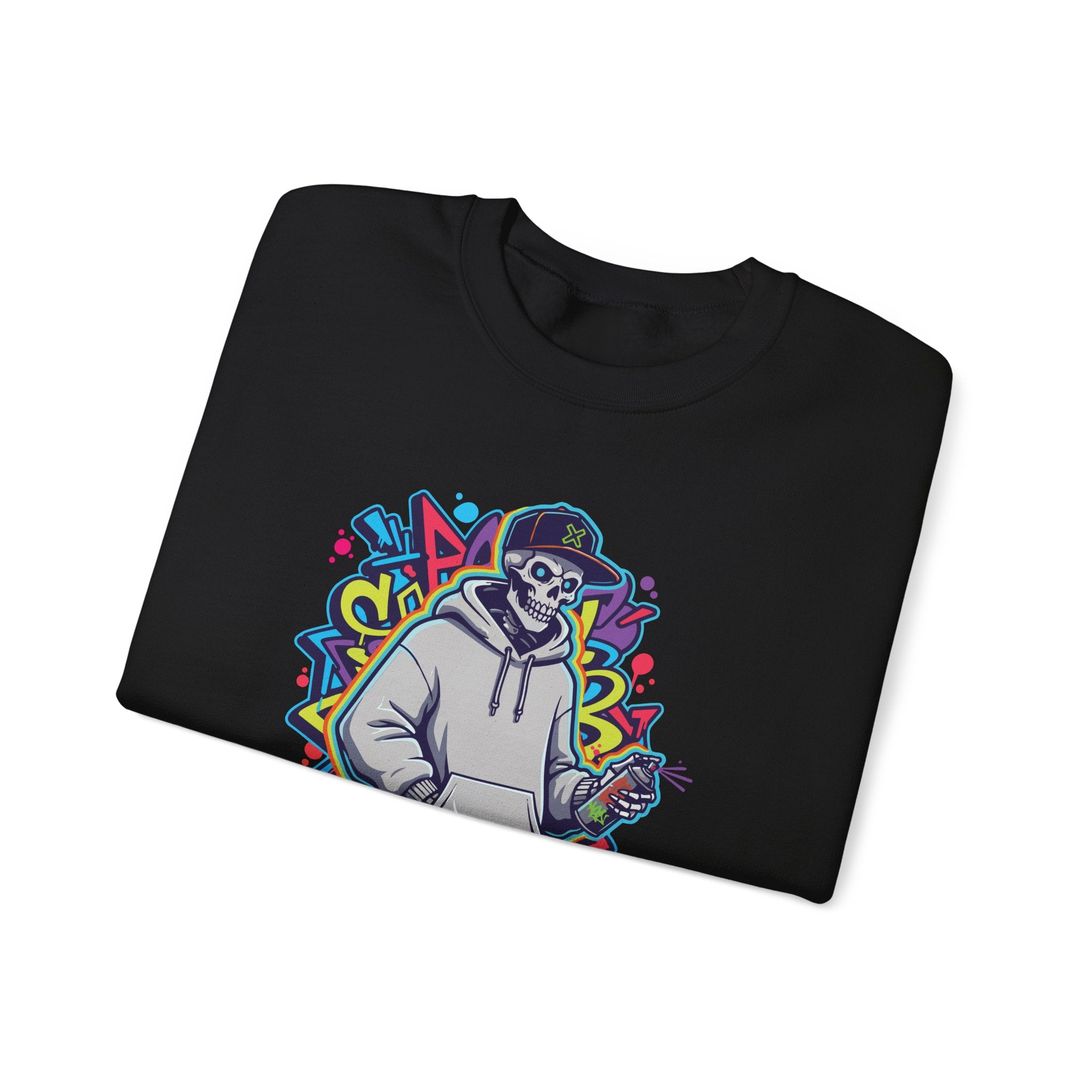 Black t-shirt with colorful graphic design of a skeleton wearing a hoodie on a white background