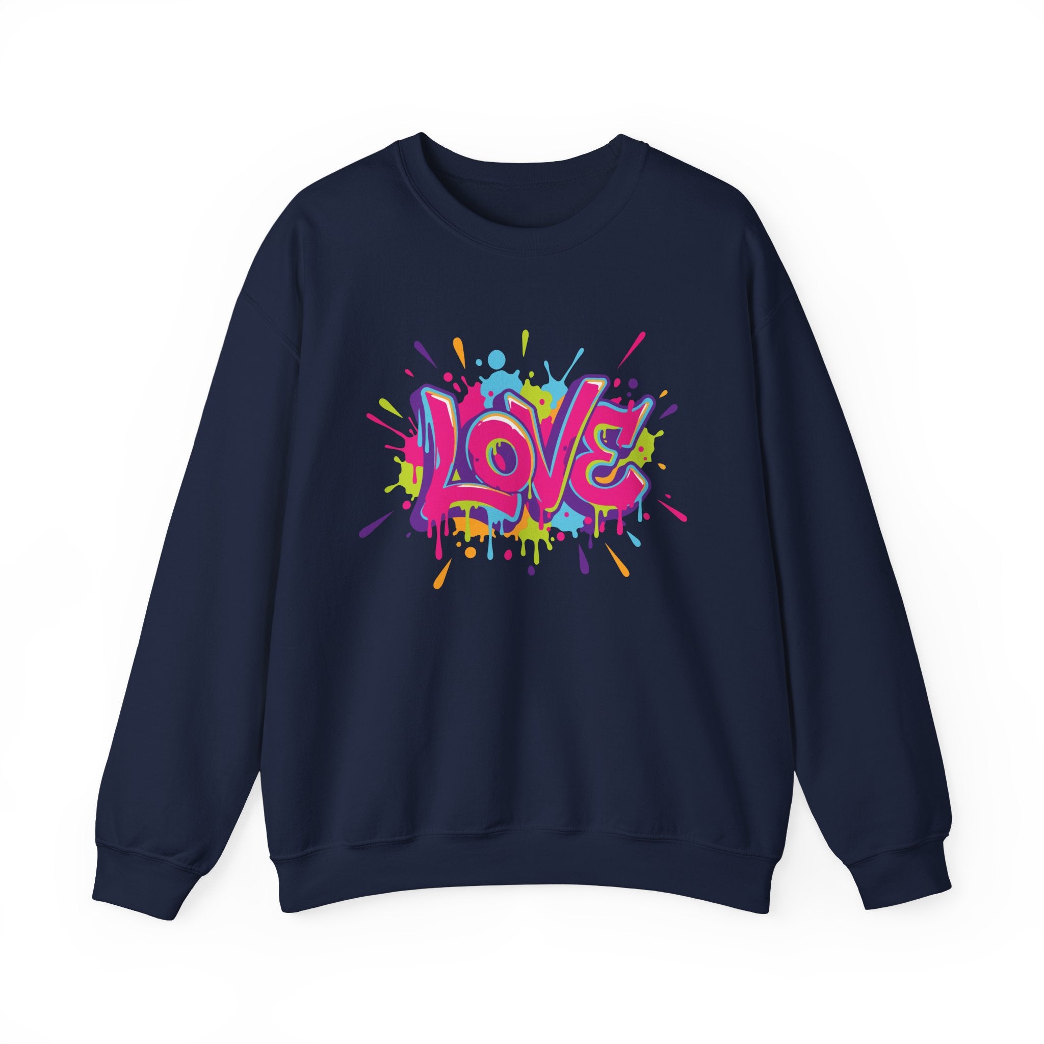 Navy blue sweatshirt with colorful 'LOVE' graphic on a white background