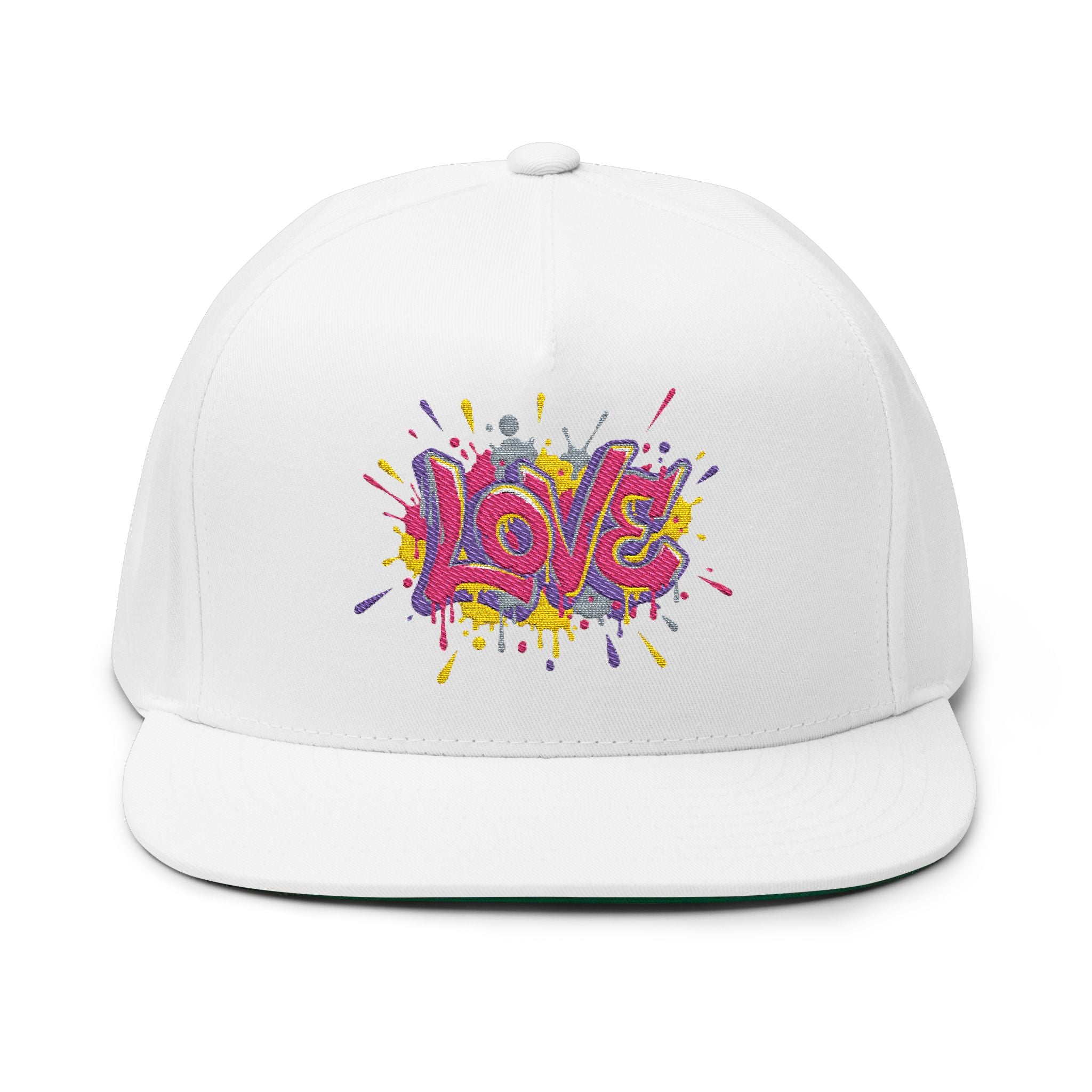 White cap with colorful 'LOVE' design on a white background