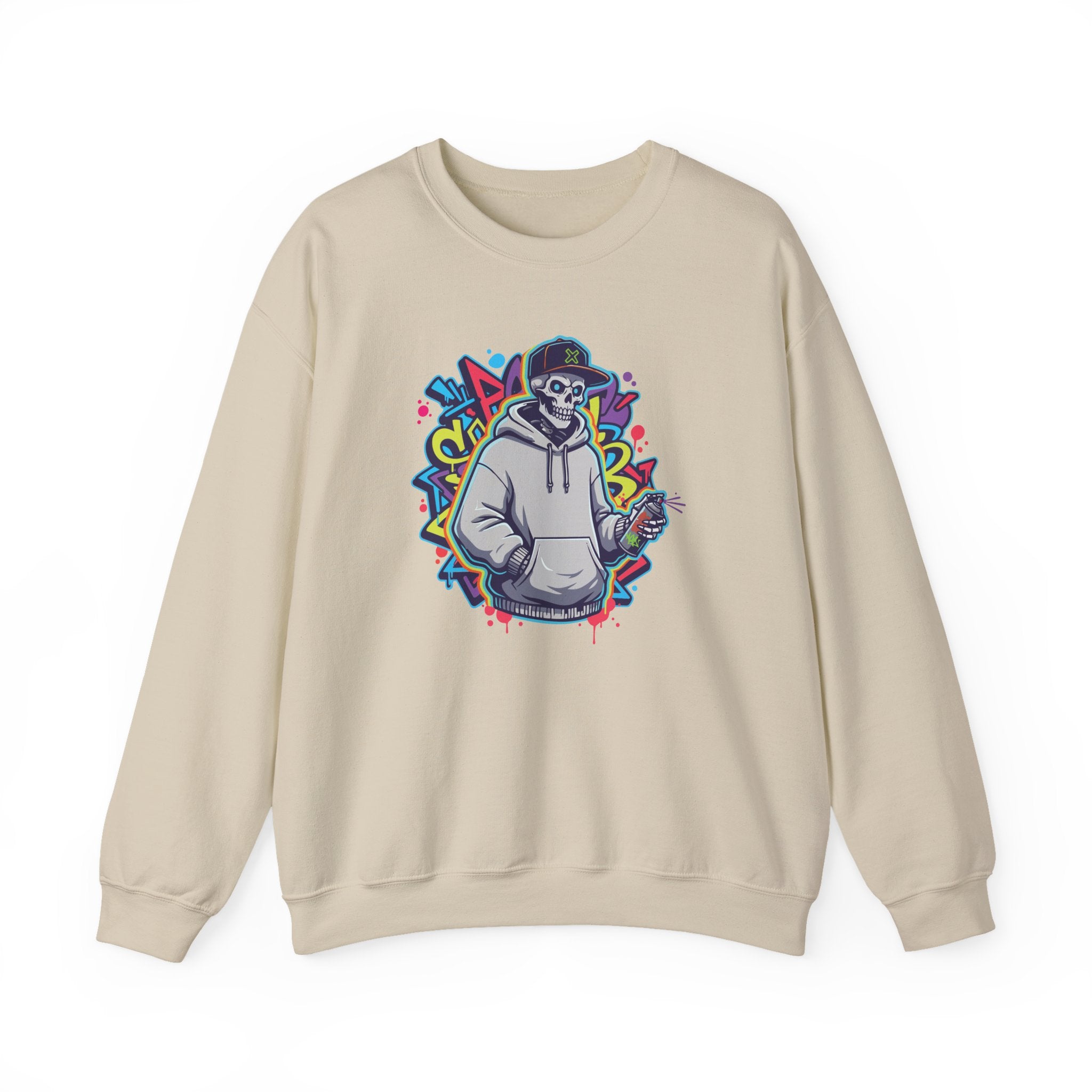 Beige sweatshirt with a colorful graphic of a skeleton wearing a hoodie on a white background