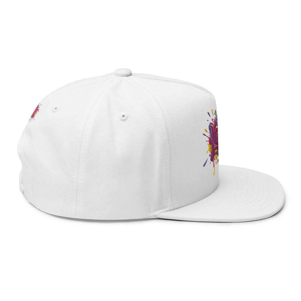 White cap with colorful designs on a white background