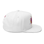 White cap with colorful designs on a white background