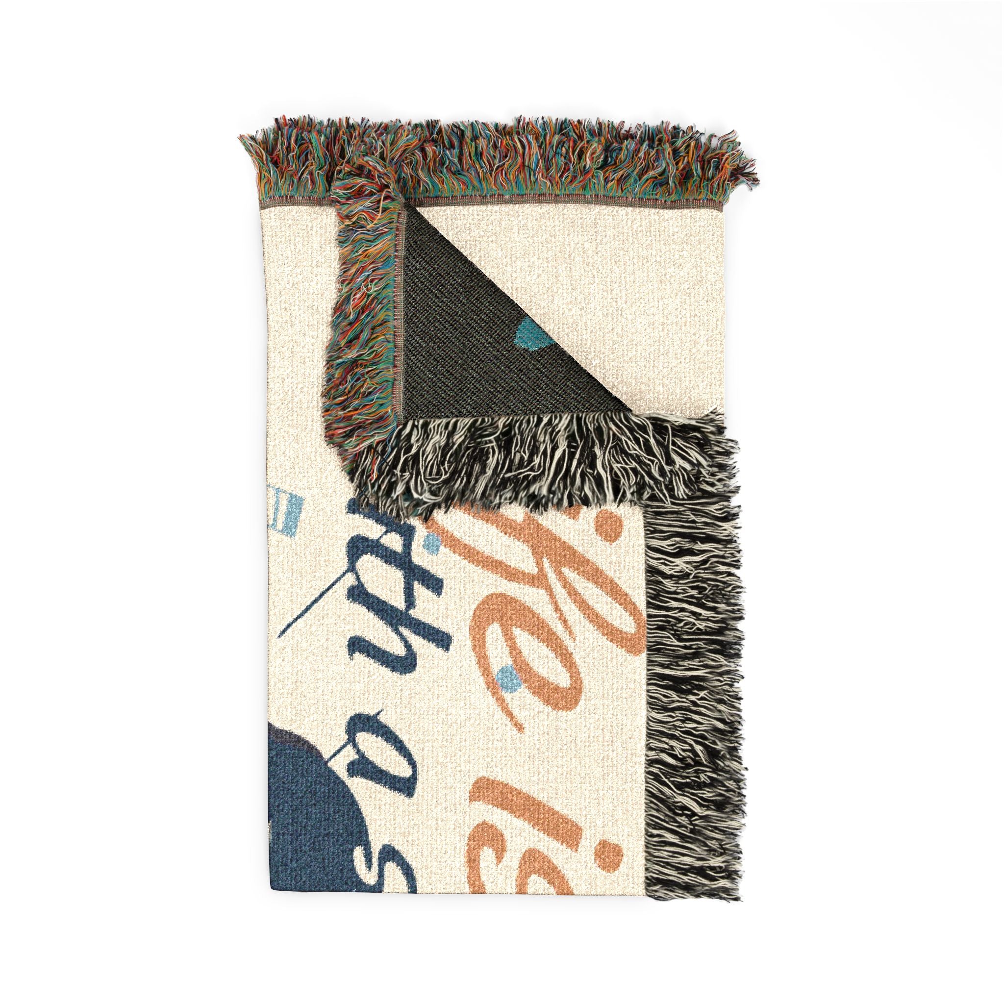 Textile with fringe edge and printed text on a white background