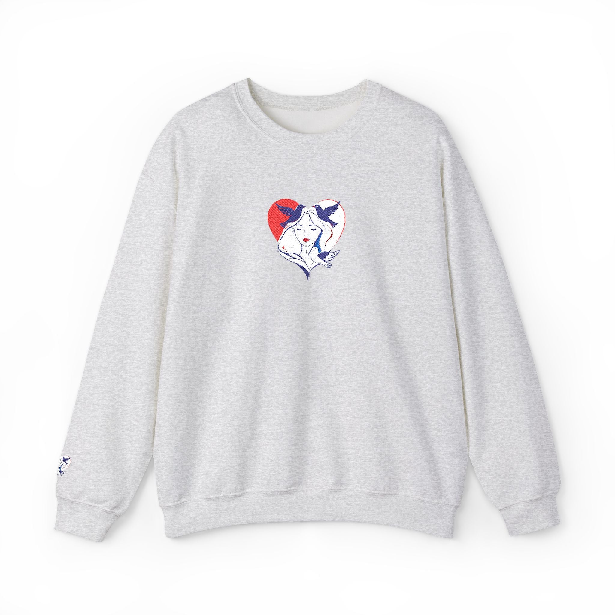 Gray sweatshirt with a heart-shaped graphic on a white background