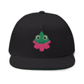 Black cap with a green and pink frog design on a white background