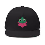 Black cap with a green and pink frog design on a white background