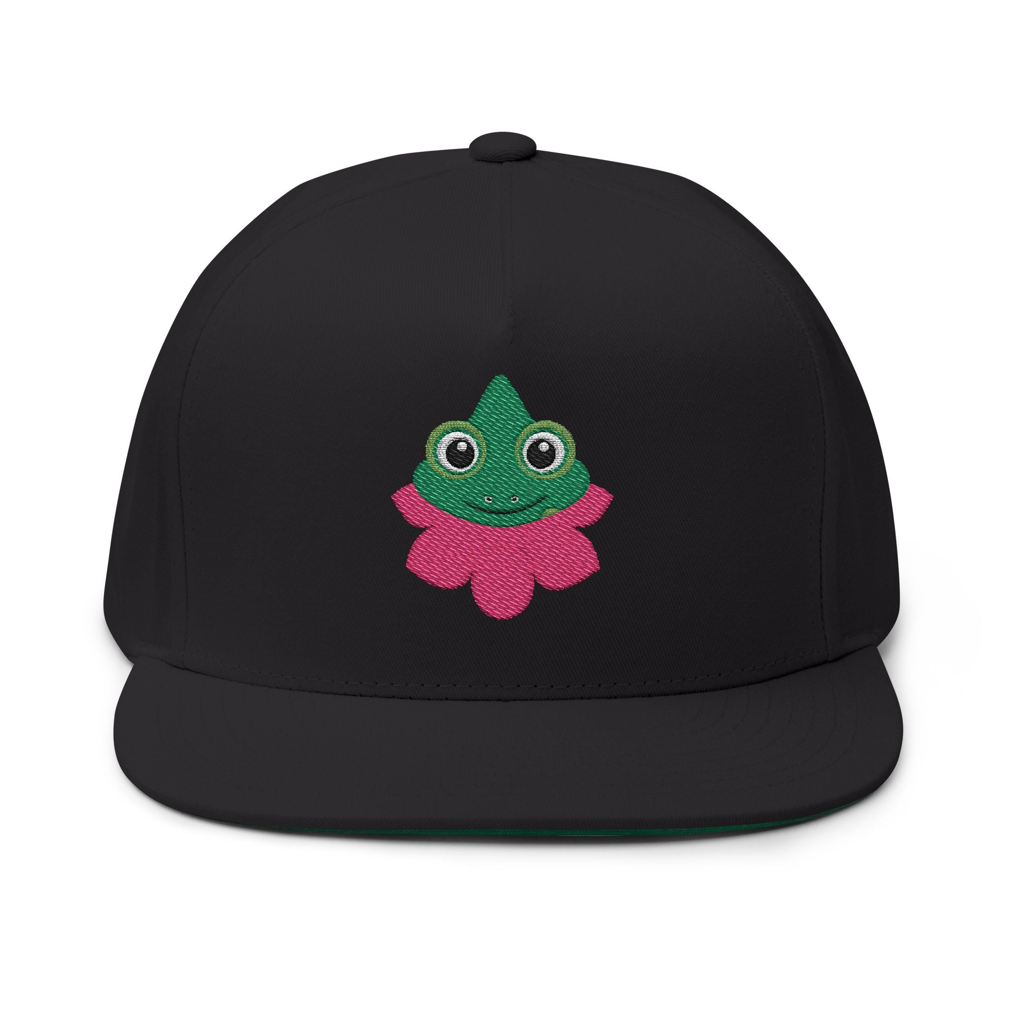 Black cap with a green and pink frog design on a white background