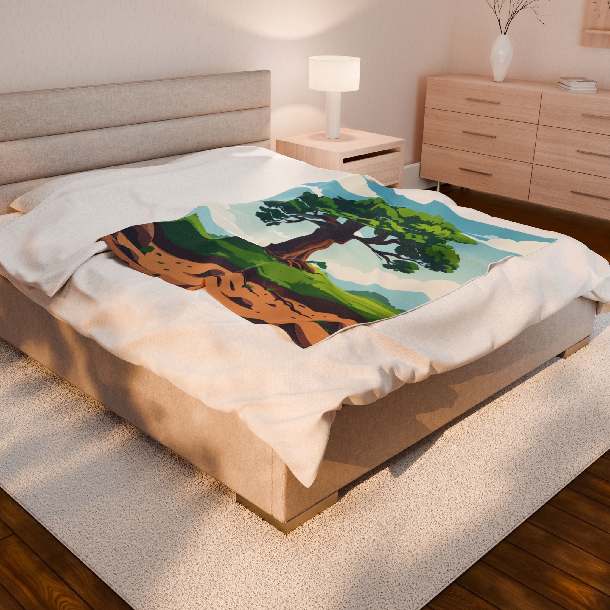 Bed with a colorful tree design blanket in a bedroom setting