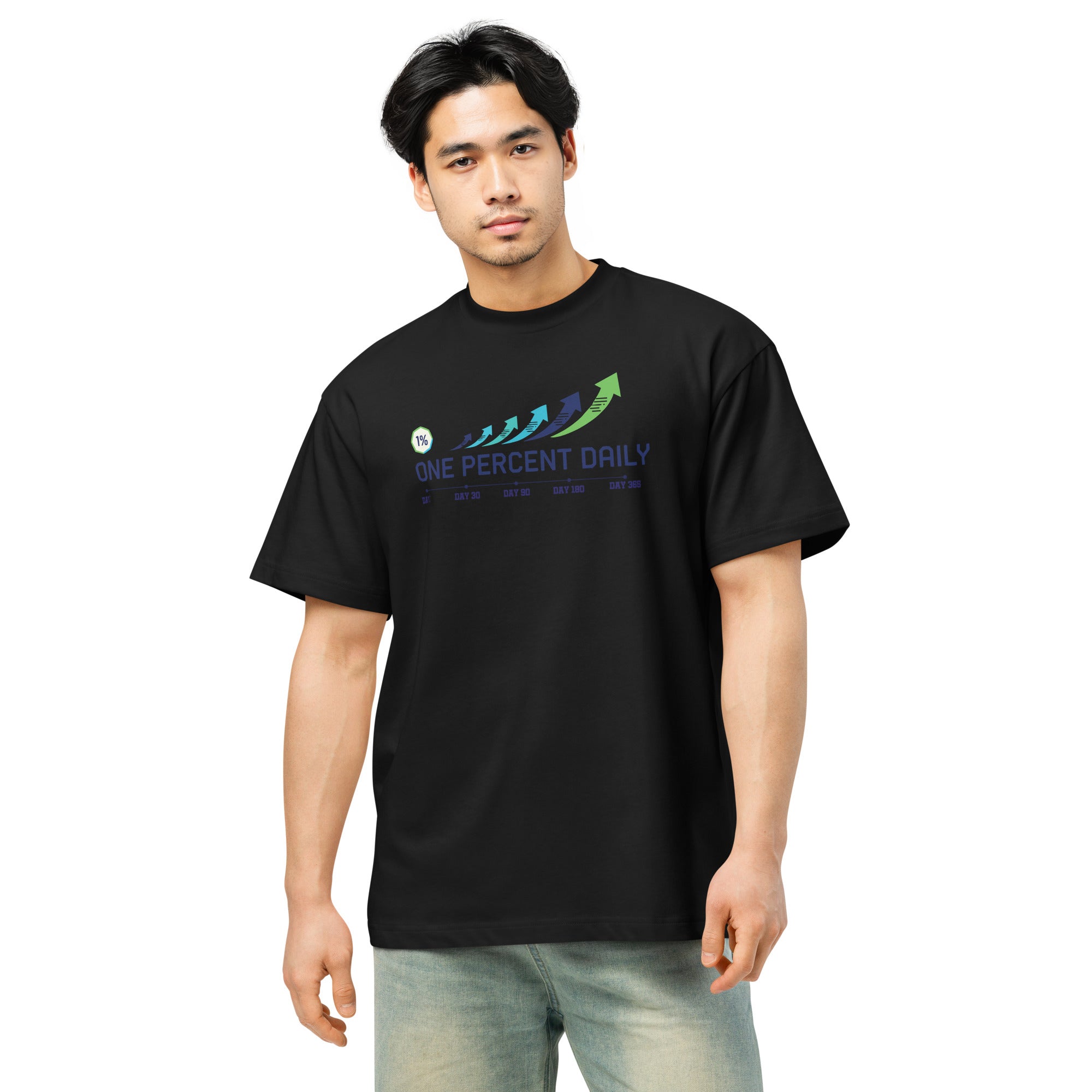 Person wearing a black t-shirt with white text on a white background