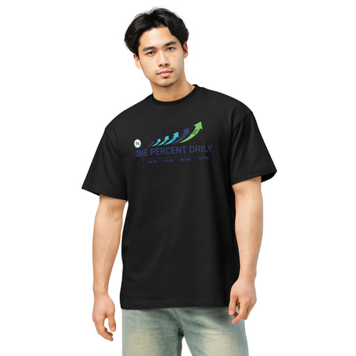 Person wearing a black t-shirt with white text on a white background