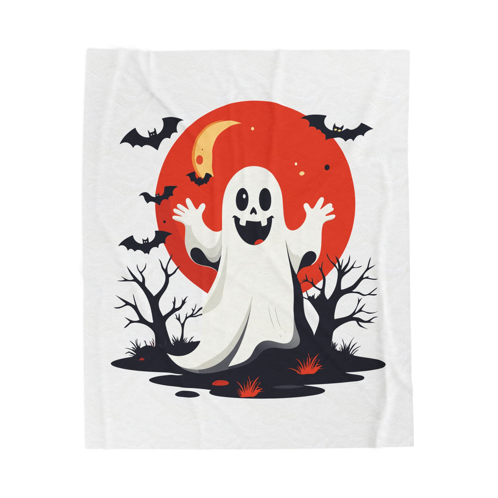 Halloween-themed blanket with a ghost, moon, and bats on a white background