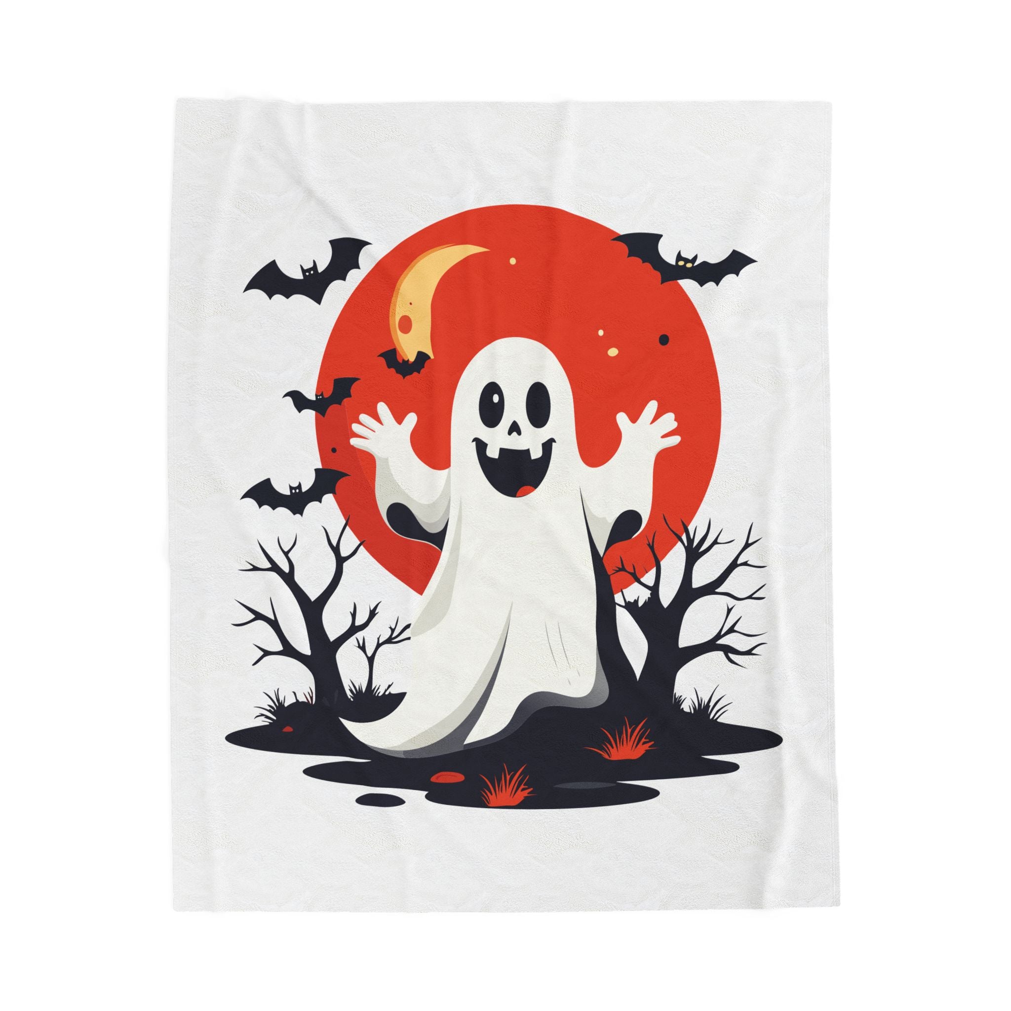 Halloween-themed blanket with a ghost, moon, and bats on a white background