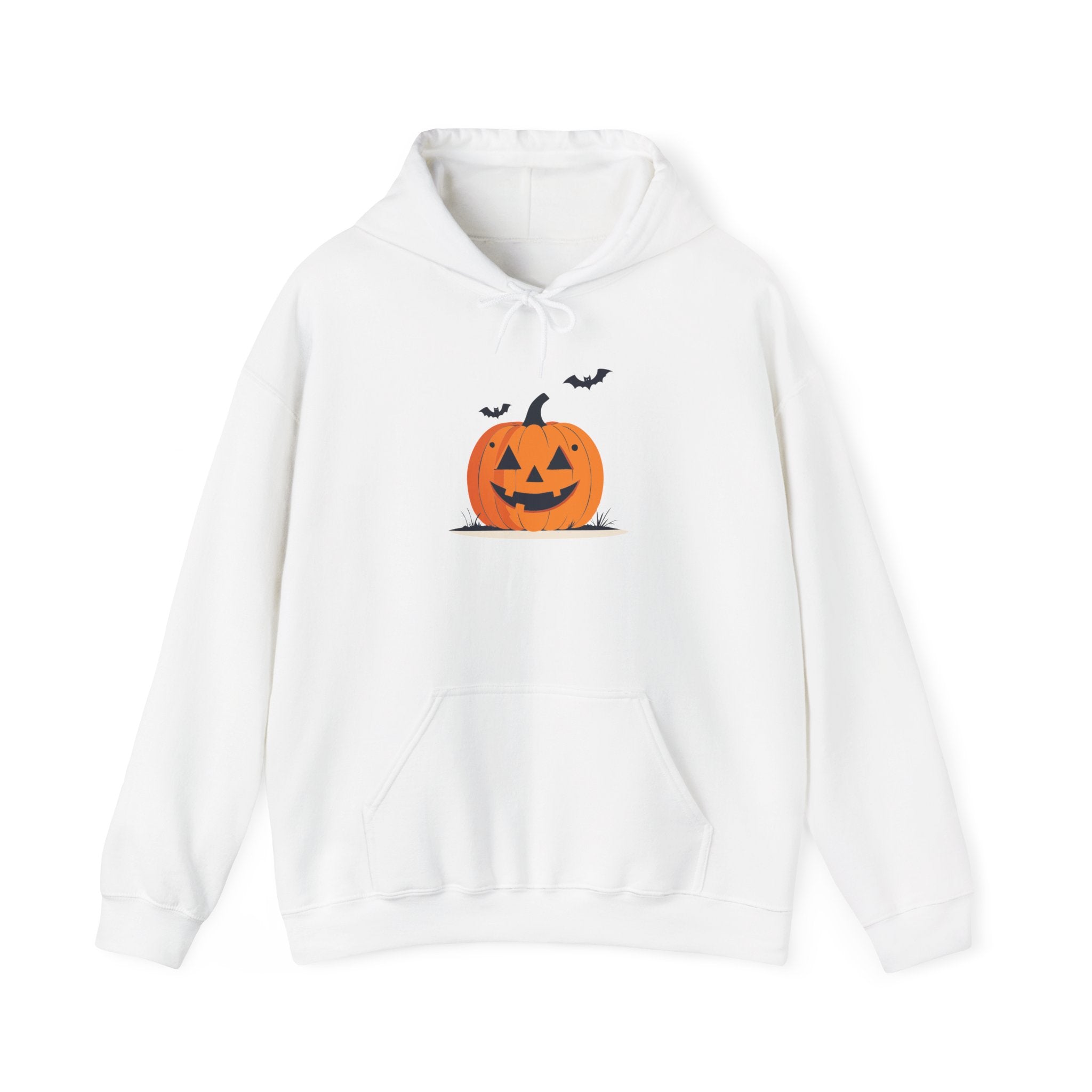 White hoodie with a Halloween-themed pumpkin design on a white background