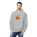 Man wearing a gray hoodie with a Halloween pumpkin design on a white background