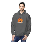 Man wearing a gray hoodie with a Halloween pumpkin design on a white background