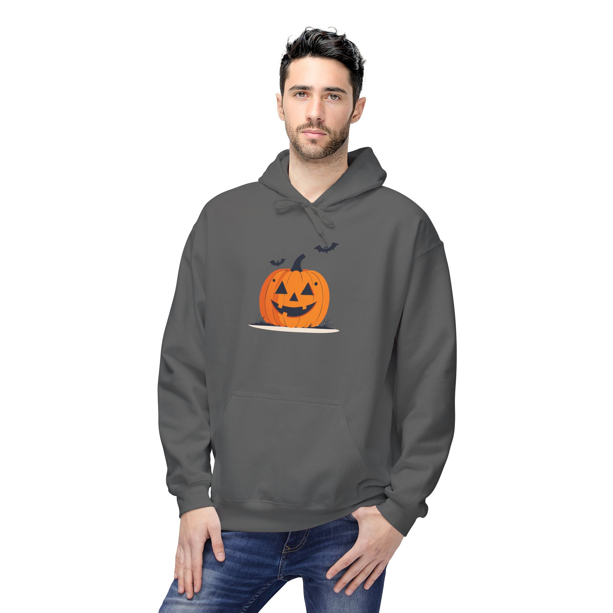 Man wearing a gray hoodie with a Halloween pumpkin design on a white background