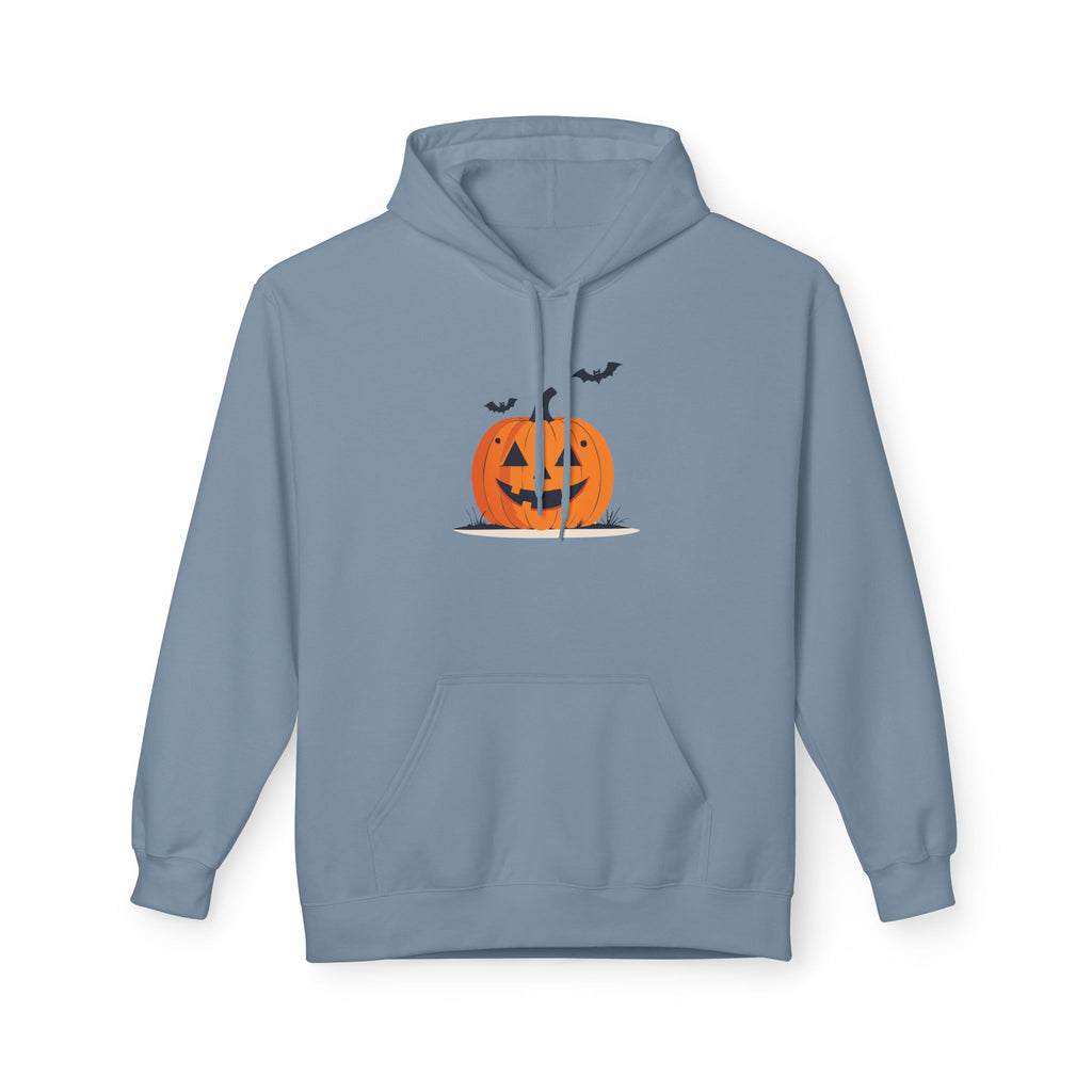 Blue hoodie with a Halloween-themed design of a jack-o'-lantern and bats on a white background