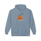 Blue hoodie with a Halloween-themed design of a jack-o'-lantern and bats on a white background