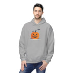 Man wearing a gray hoodie with a Halloween-themed design on a white background