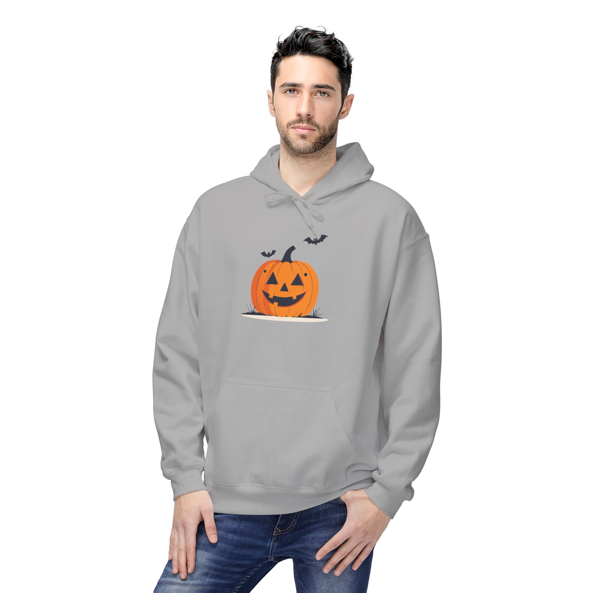 Man wearing a gray hoodie with a Halloween-themed design on a white background