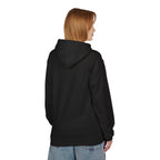 Person wearing a black hoodie from behind on a white background