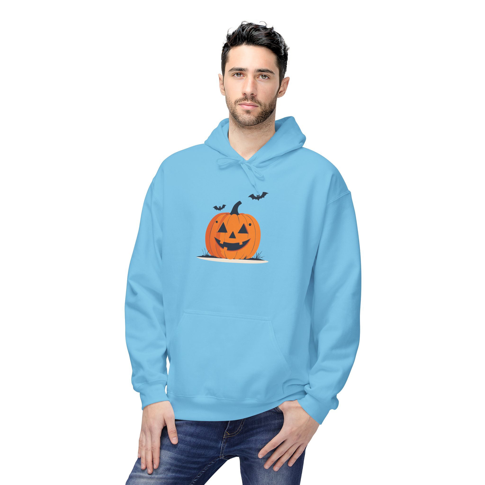 Man wearing a light blue hoodie with a Halloween pumpkin design on a white background