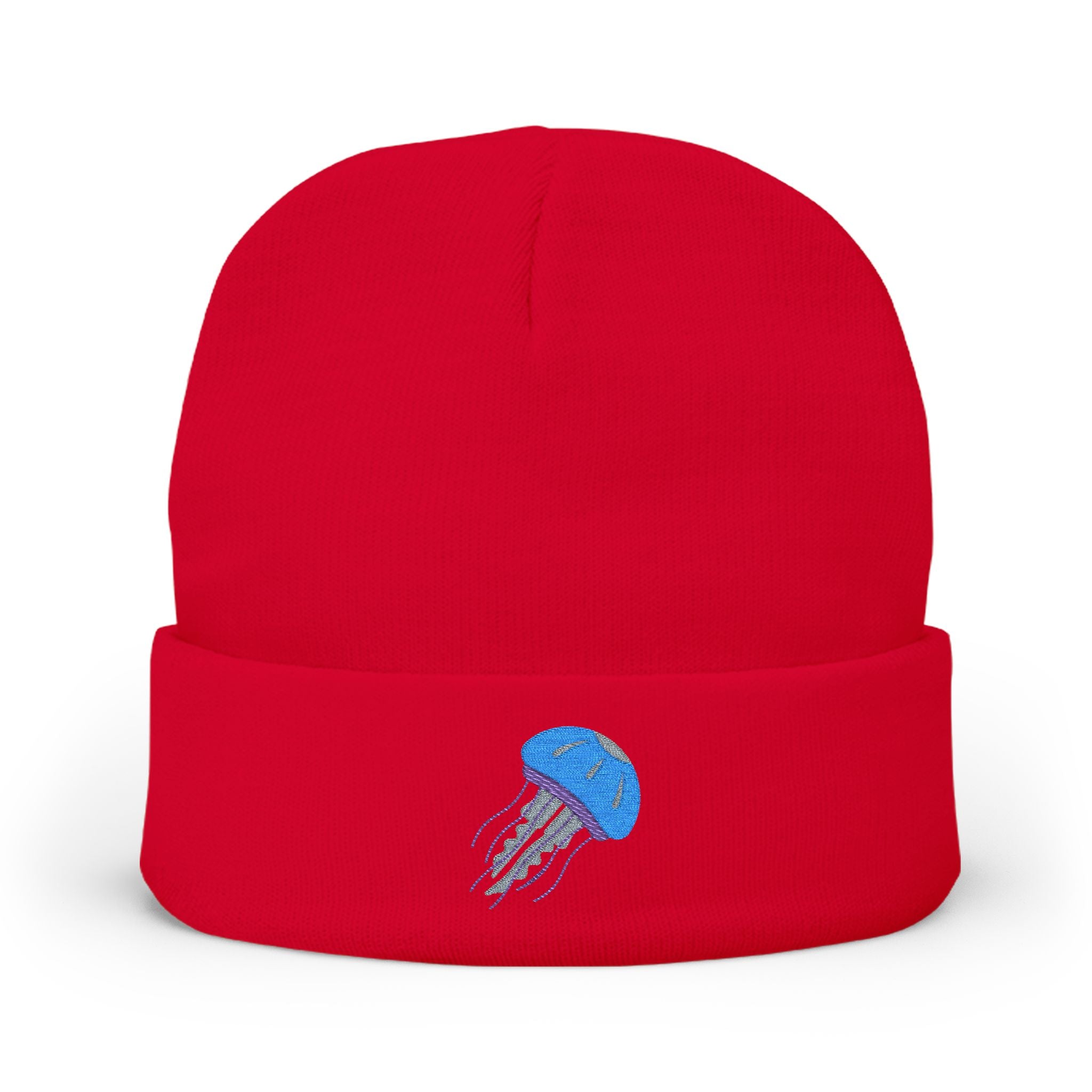 Red beanie with a blue jellyfish design on a white background