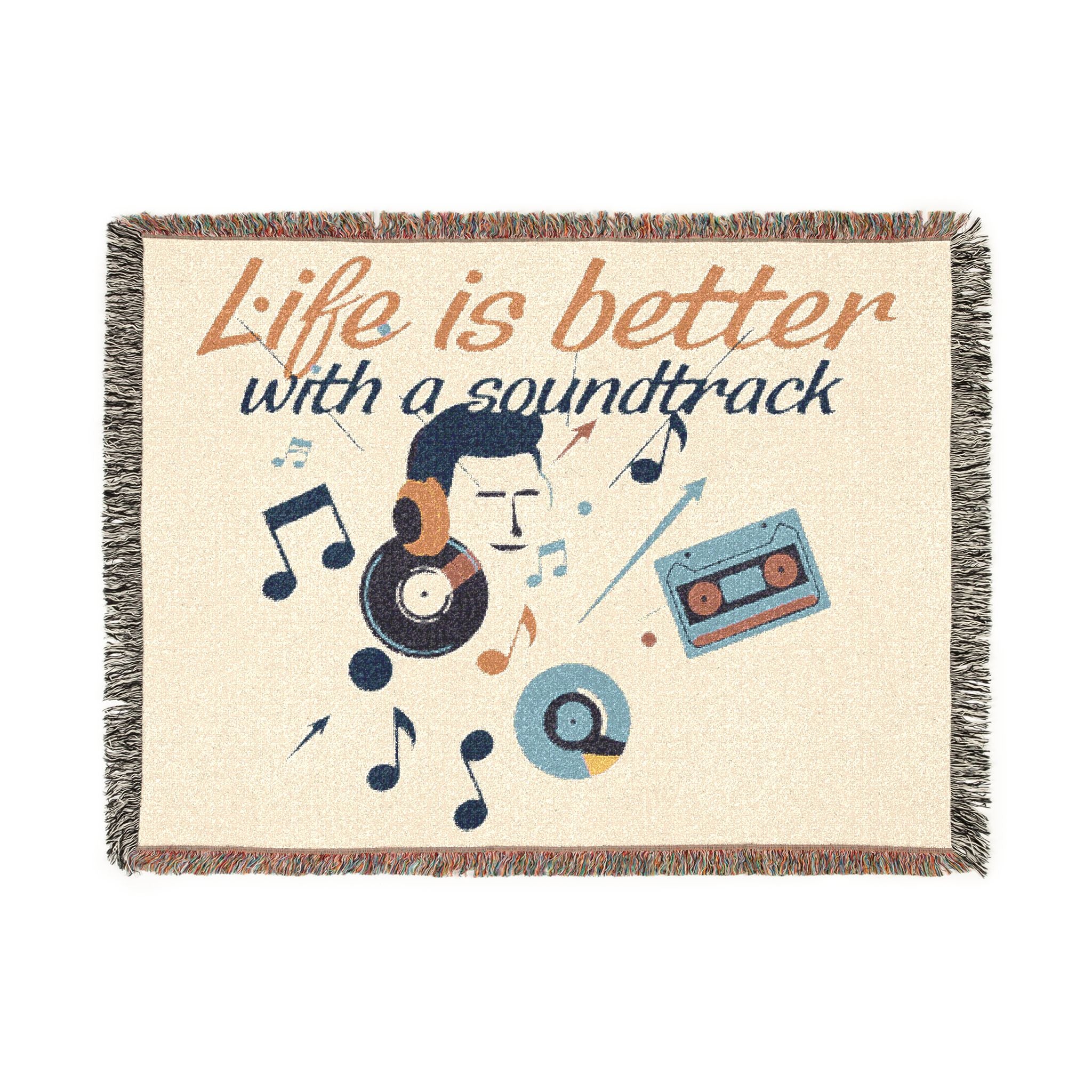 Blanket with musical design and 'Life is better with a soundtrack' text on a beige background