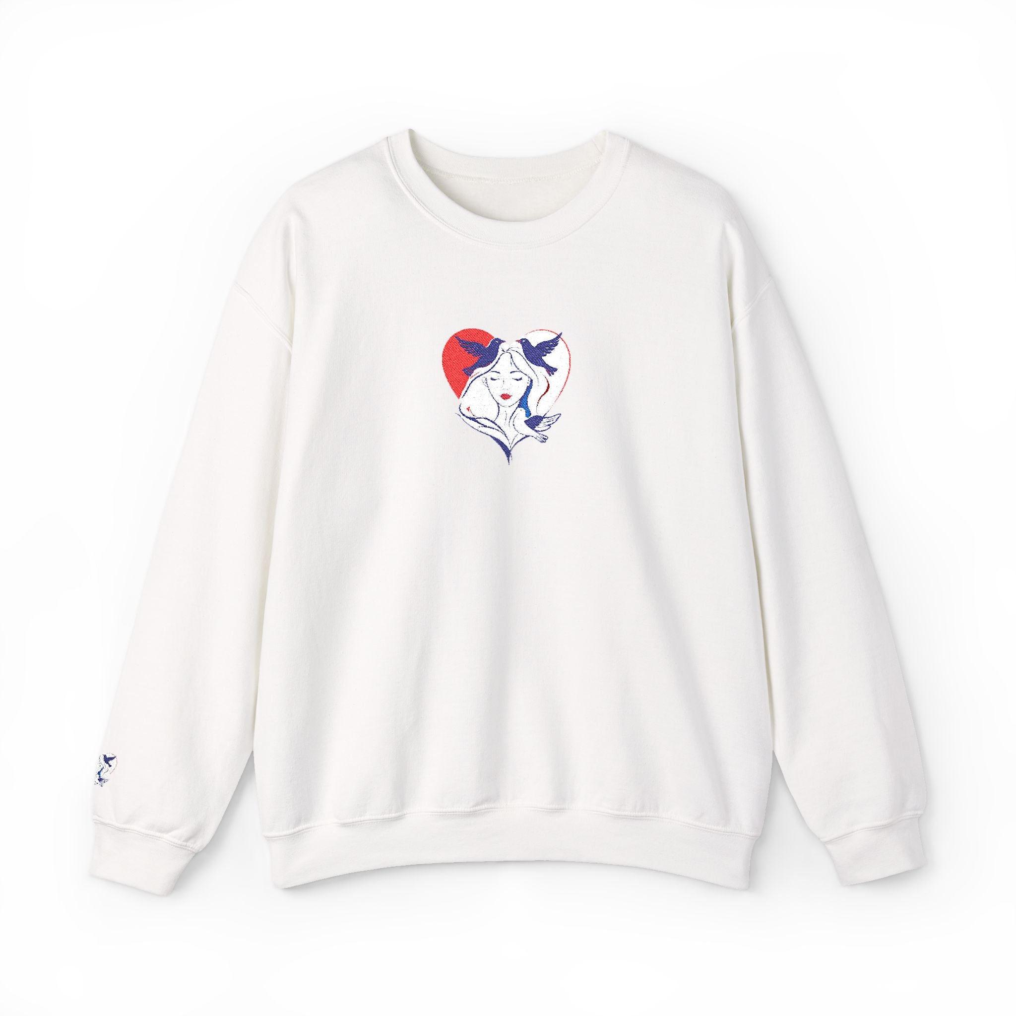 White sweatshirt with a colorful graphic on a white background
