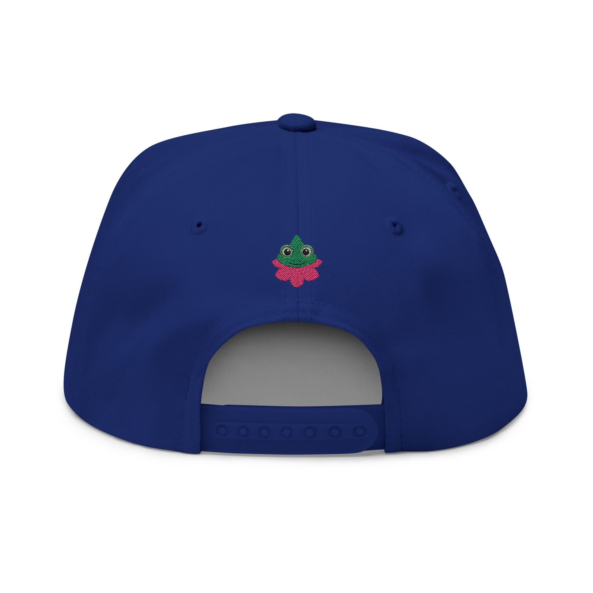 Blue cap with a small embroidered design on the back against a white background