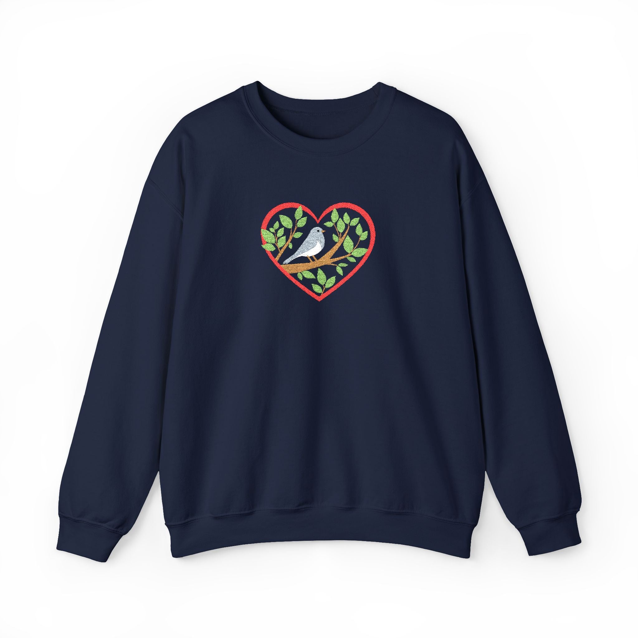Navy blue sweatshirt with a heart-shaped design featuring a bird and leaves on a white background