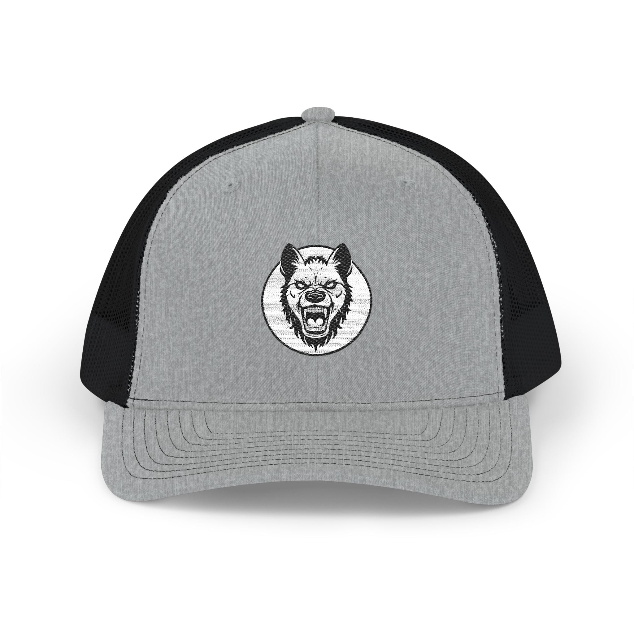 Gray and black cap with a wolf emblem on a white background