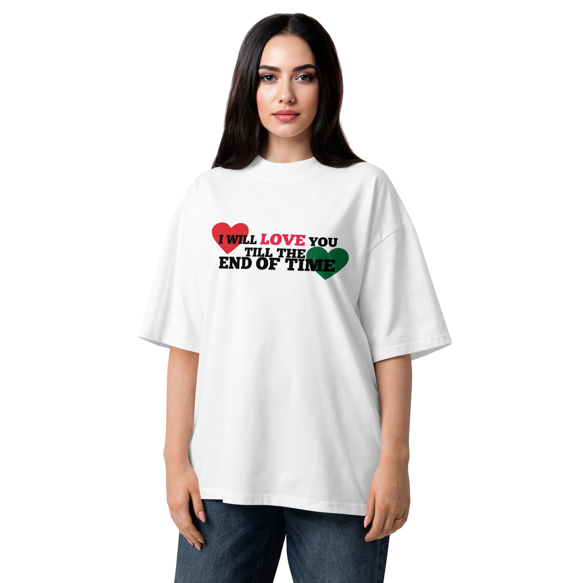 Woman wearing a white t-shirt with a heart-themed design on a white background