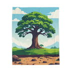 Illustration of a large tree in a landscape with grass and rocks.