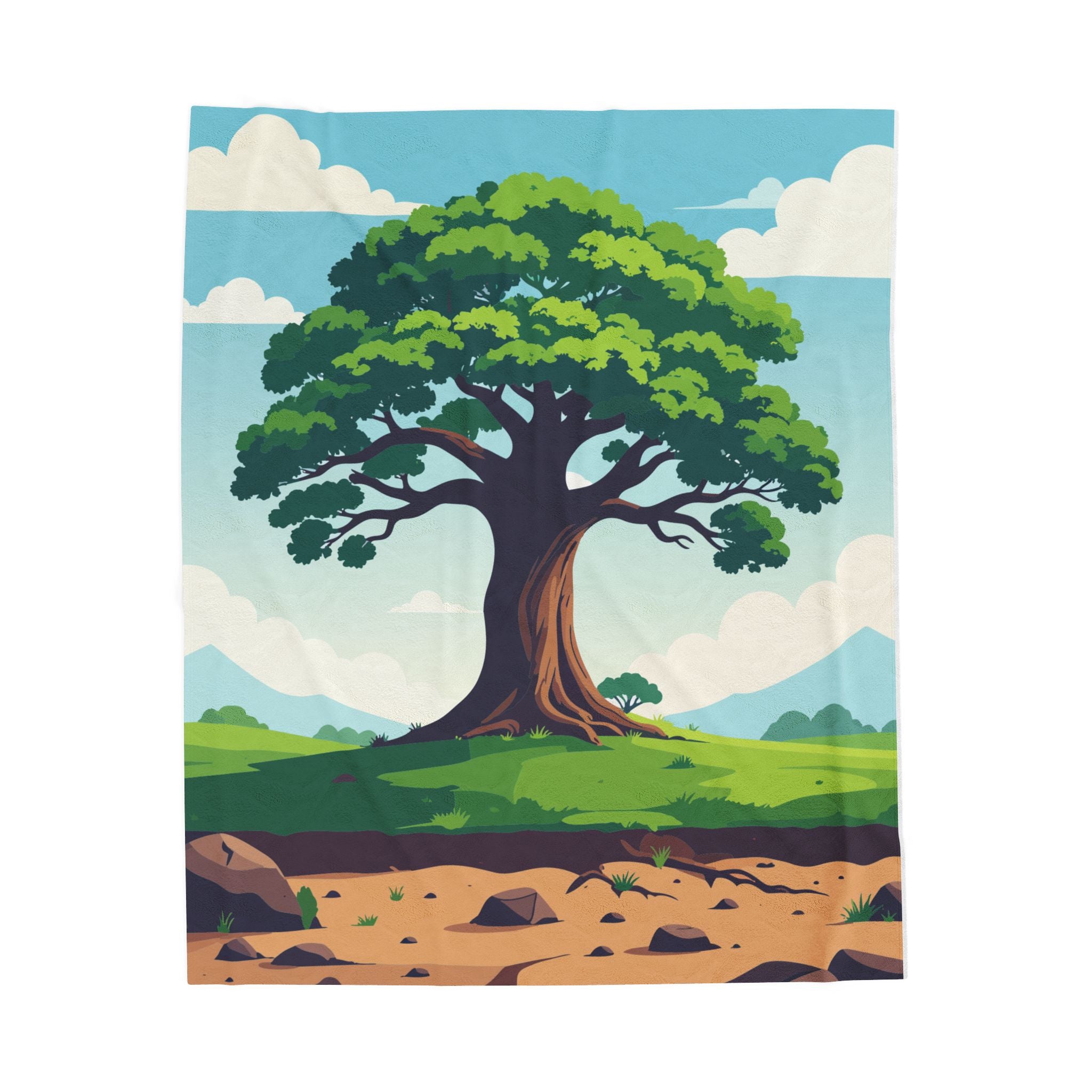 Illustration of a large tree in a landscape with grass and rocks.