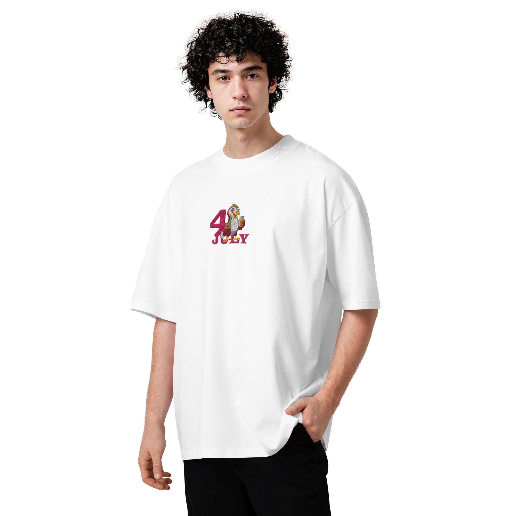Person wearing a white t-shirt with a 4th of July design on a white background
