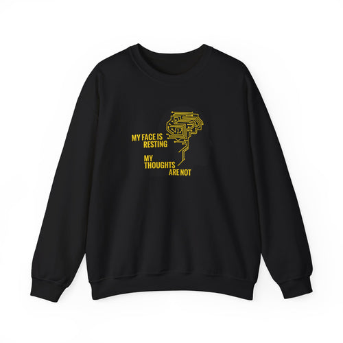Black sweatshirt with yellow graphic and text on a white background