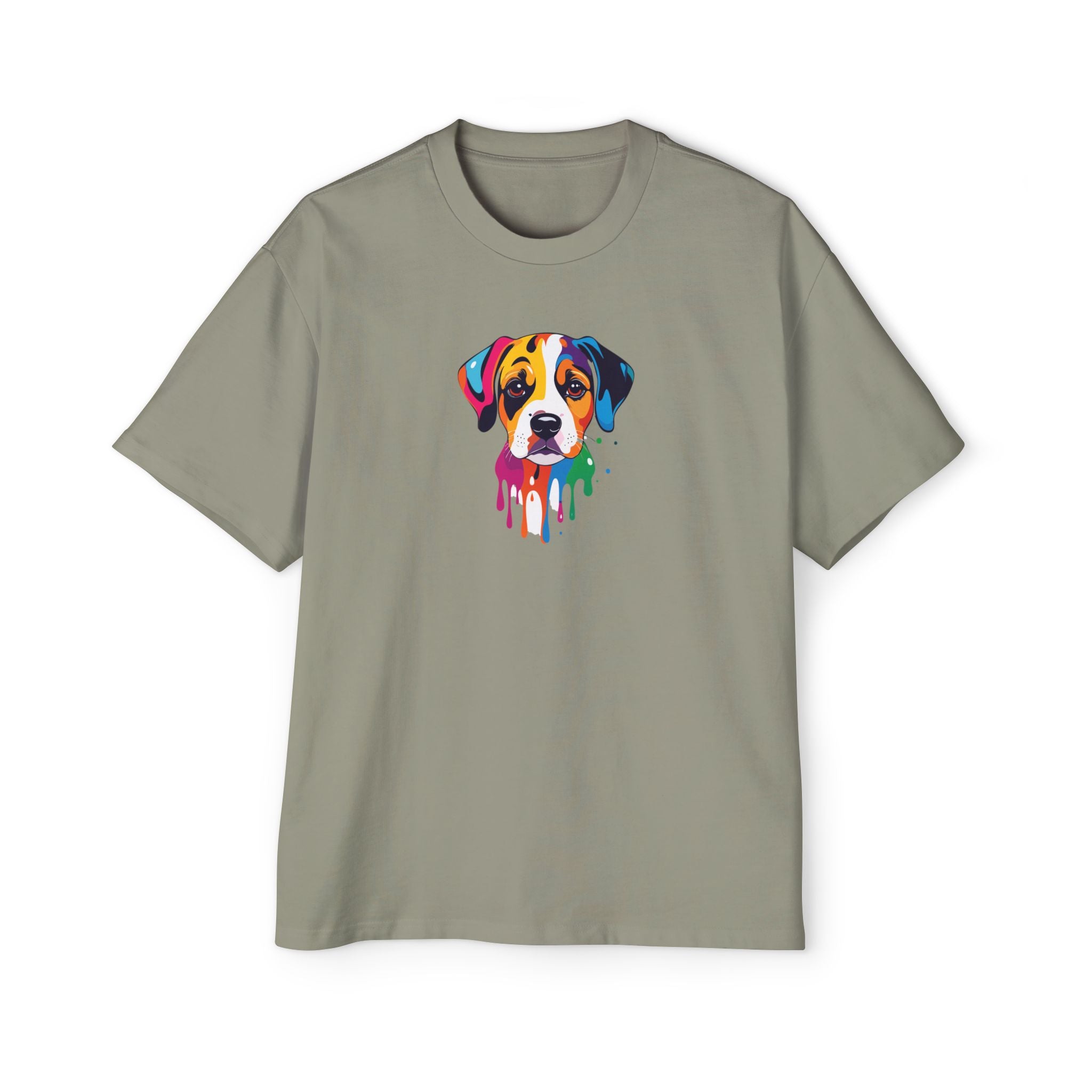 Khaki t-shirt with a colorful dog graphic on a white background