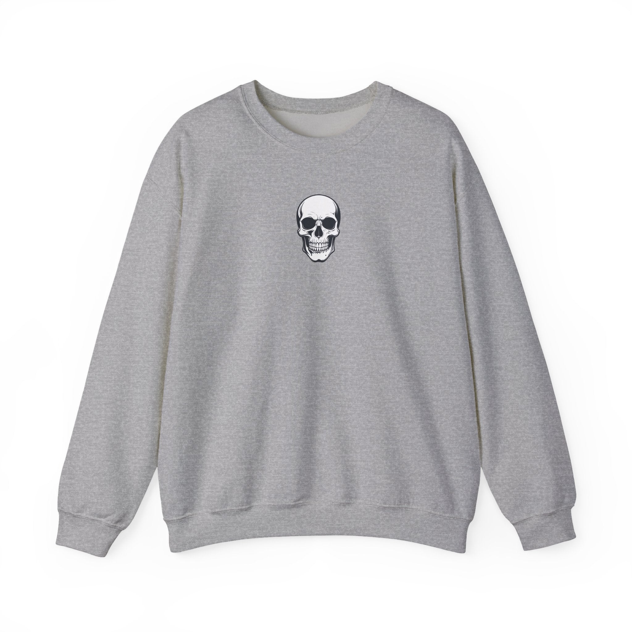 Gray sweatshirt with a skull design on a white background