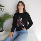 Person wearing a black sweatshirt with a graphic design of a person on a scooter, sitting in a room with a plant.